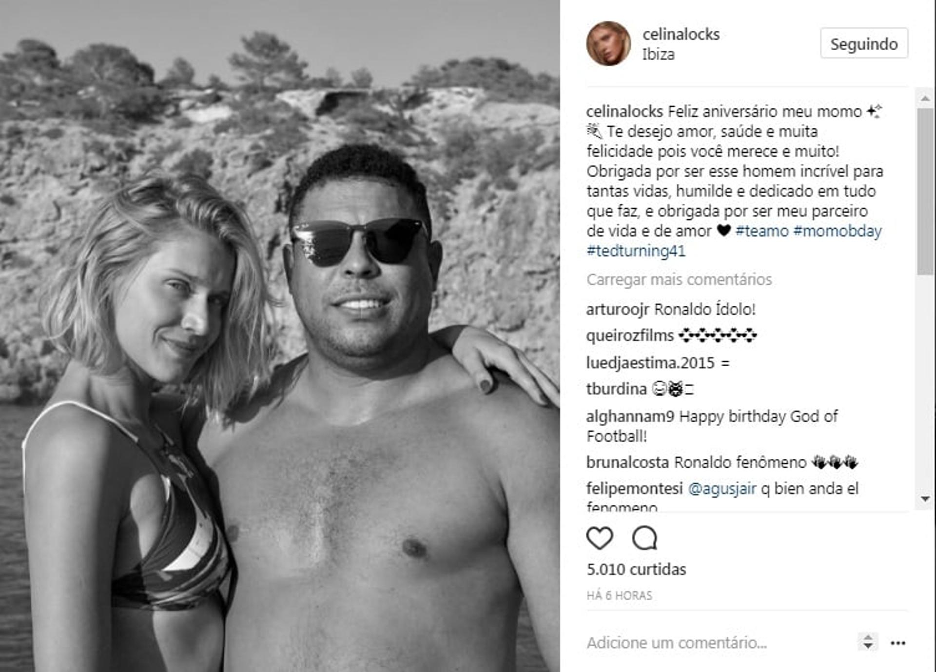 A modelo Celina Locks, namorada de Ronaldo, publicou uma foto no Instagram, em homenagem ao aniversariante do dia<br>