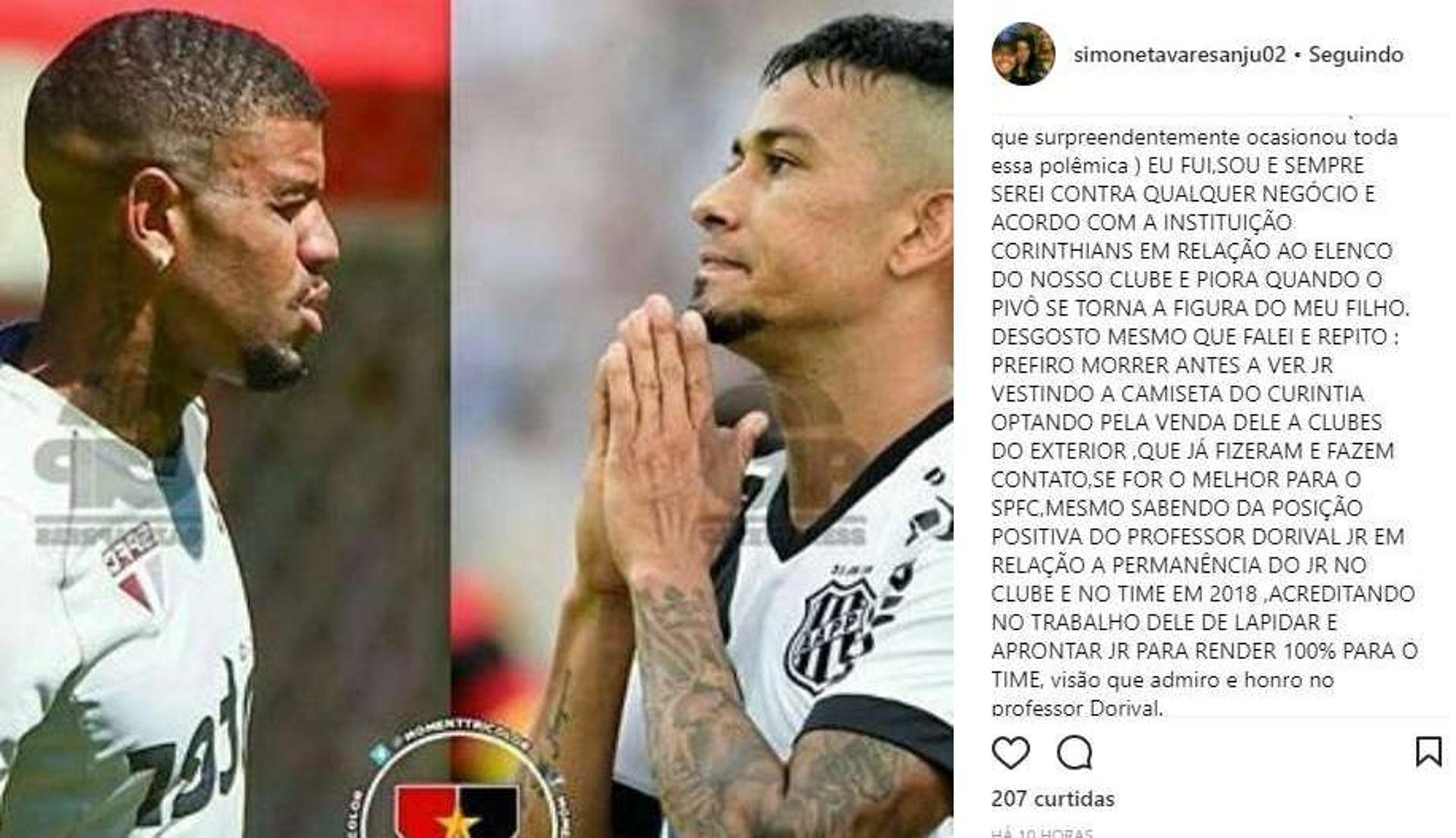 Postagem da mãe do jogador dizendo preferir a morte a ver seu filho jogando no Corinthians