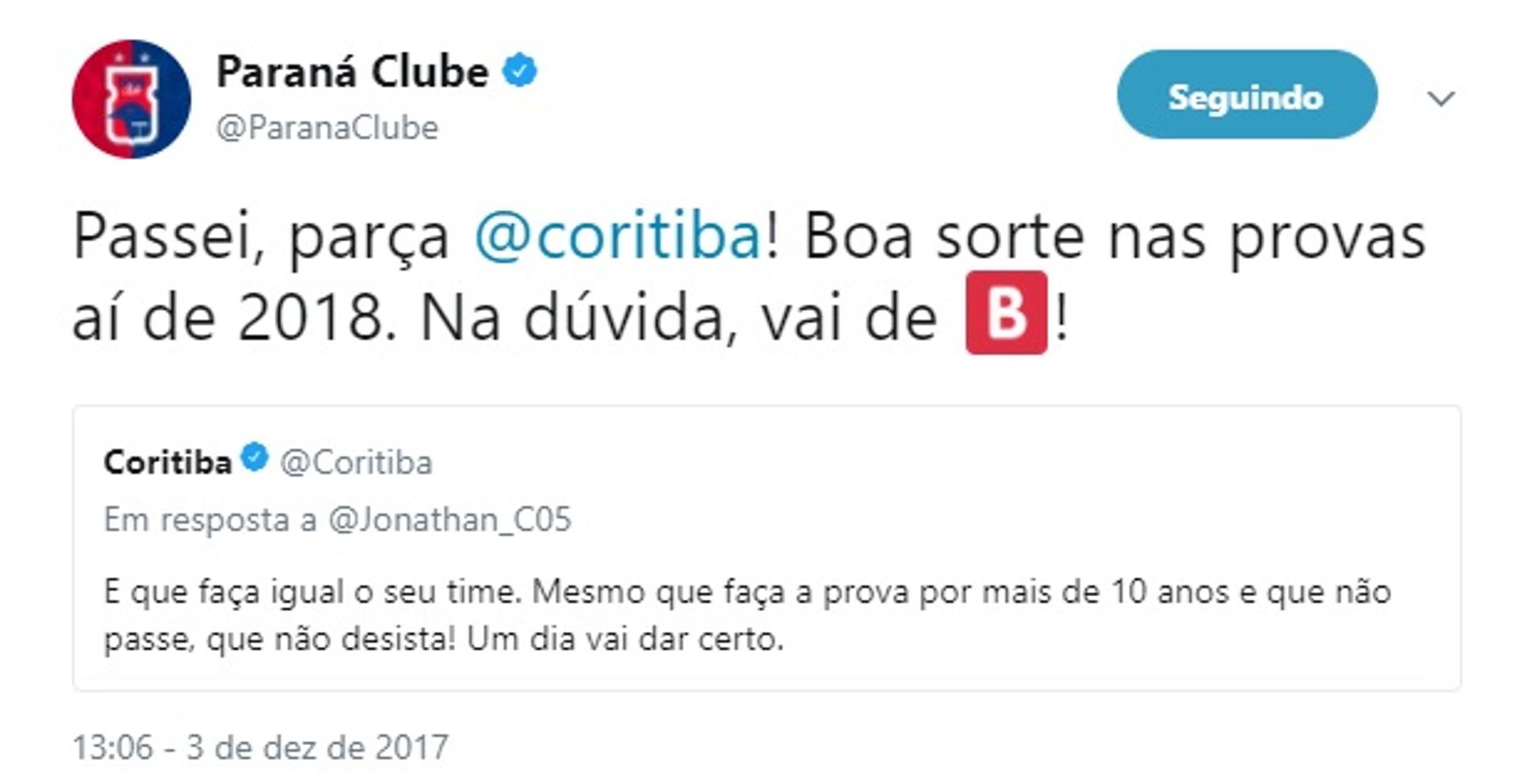 Após rebaixamento para Série B, Paraná zoa Coritiba