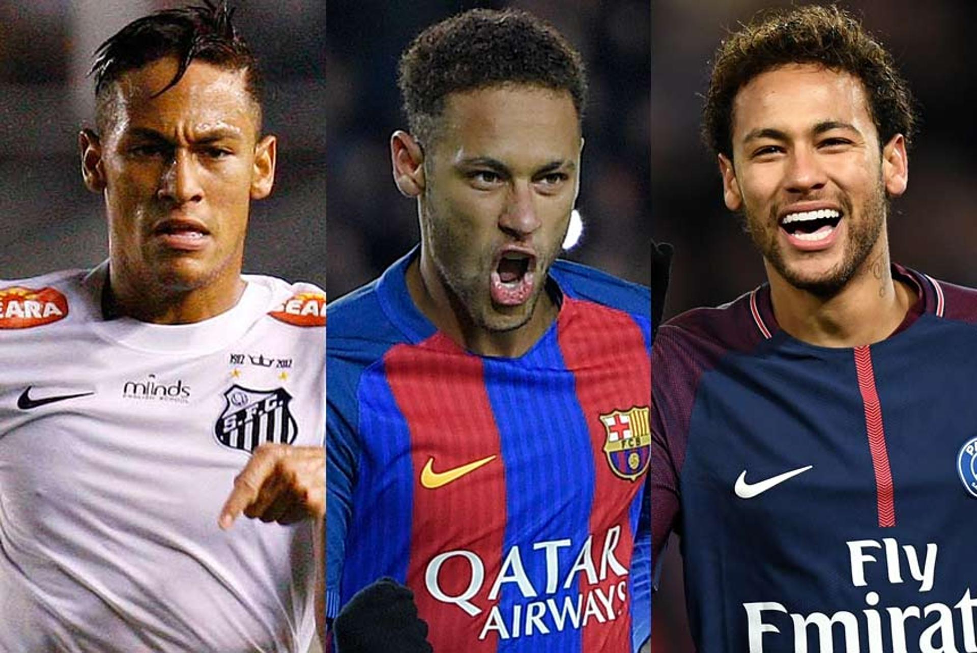 Neymar pelo Santos, Barcelona e PSG. Também tem resumo das fases na Seleção. Veja uma linha do tempo abaixo