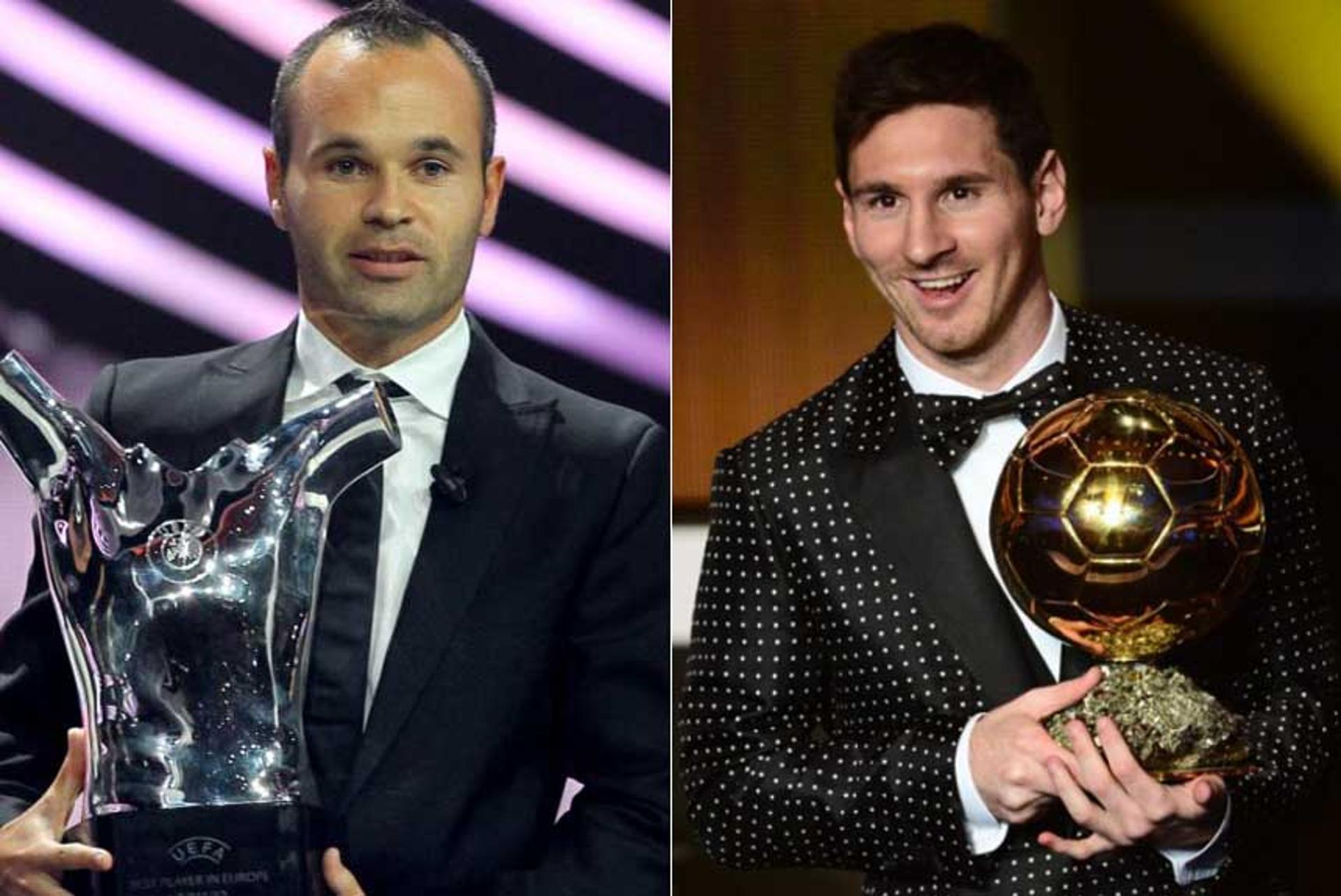 Andrés Iniesta - 2012 (no prêmio de Melhor jogador da UEFA) / Lionel Messi - 2012 (no prêmio Fifa Ballon d'Or)