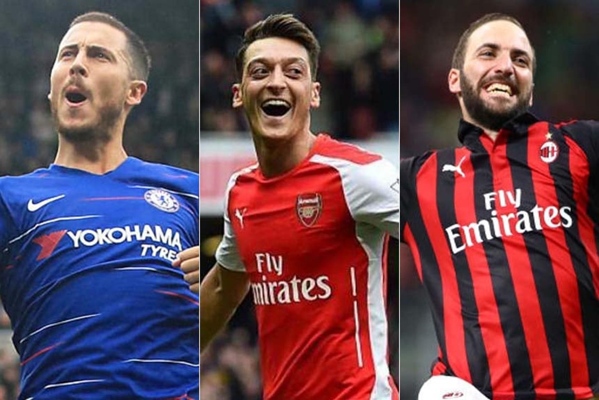 Montagem - Eden Hazard (Chelsea), Mesut Ozil (Arsenal) e Gonzalo Higuain (Milan)