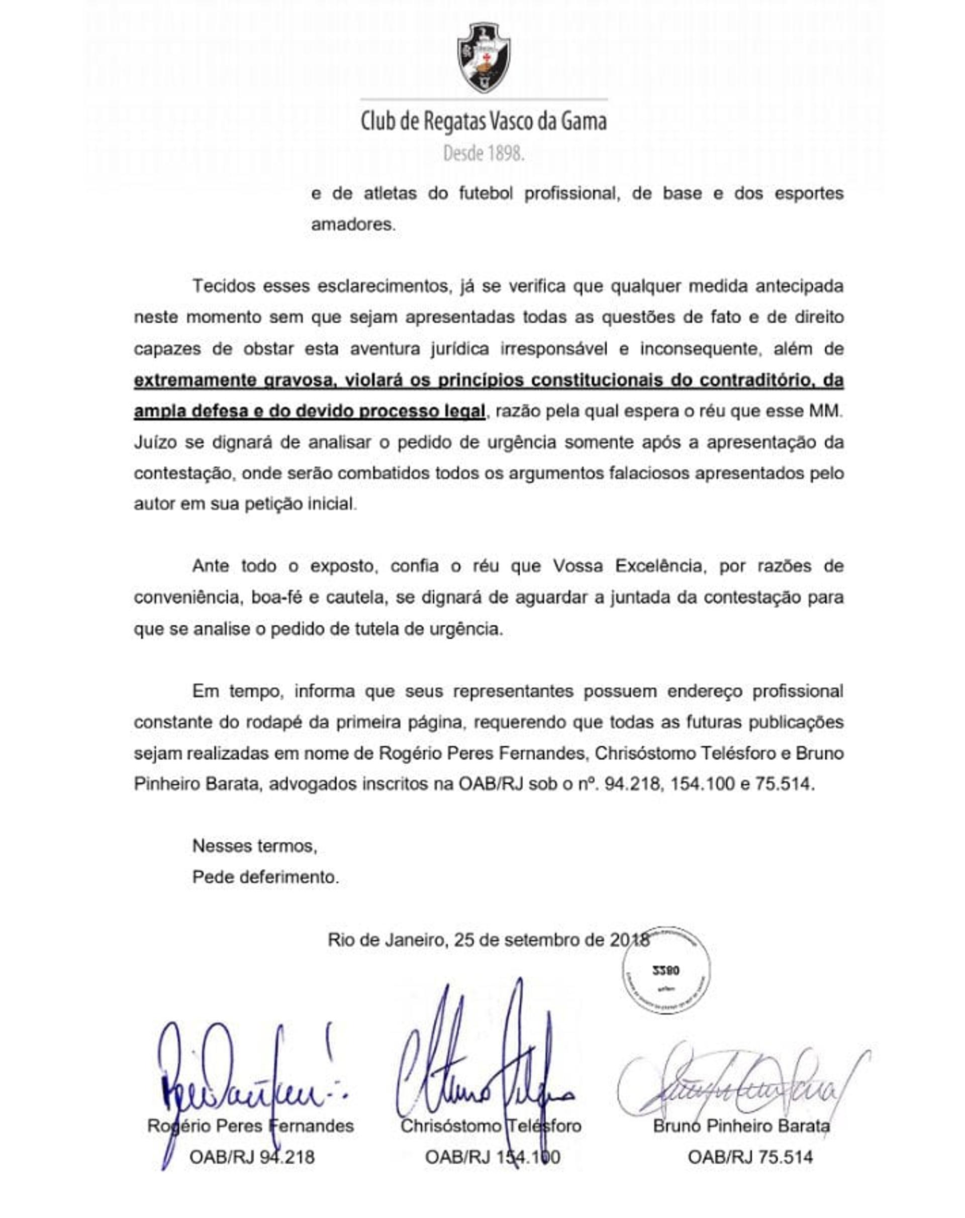 Petição do Vasco na ação sobre anulação da eleição