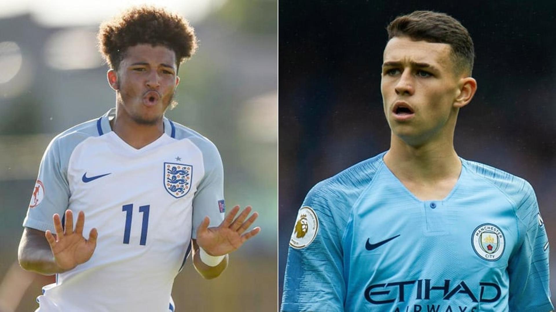 Montagem Jadon Sancho (camisa da Inglaterra) e Phil Foden (Manchester City)