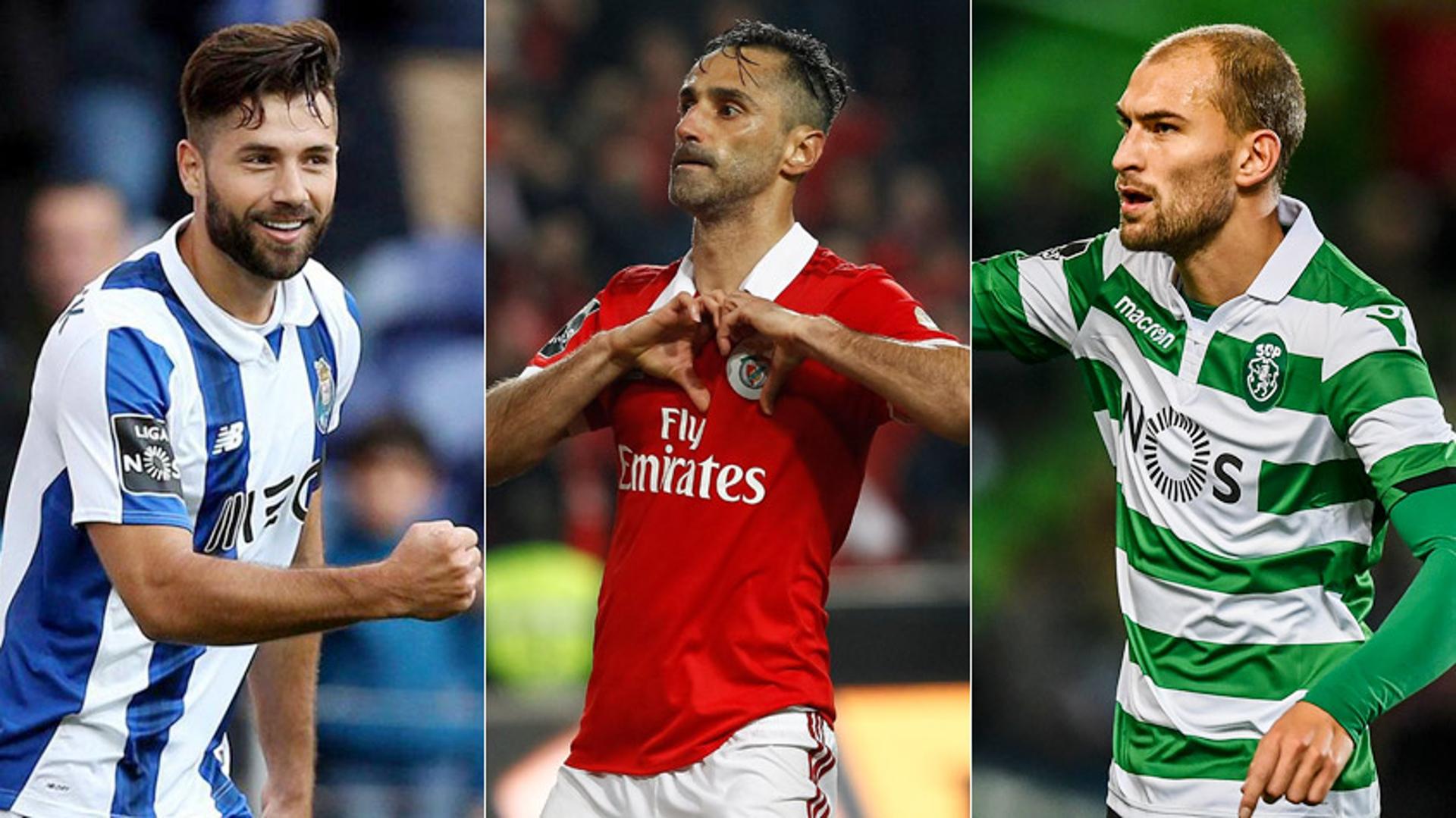 Montagem felipe (zagueiro do porto), jonas (benfica) e bas dost (sporting)