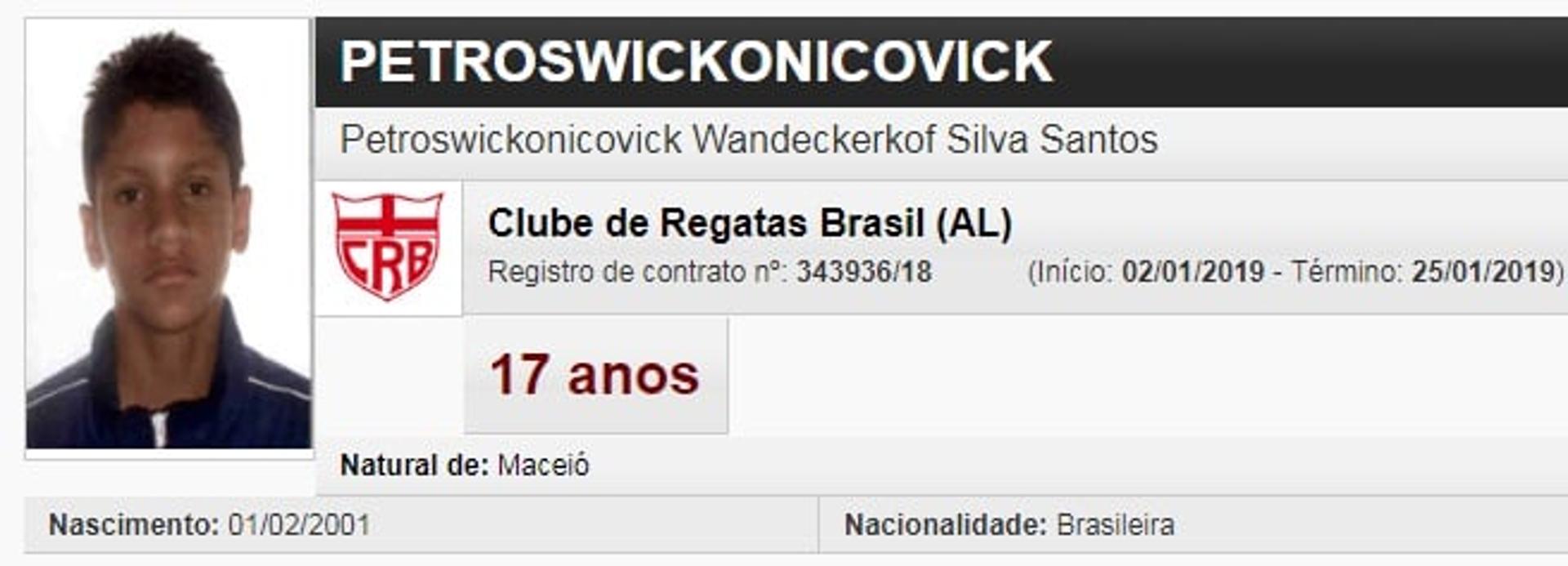 Nome: Petroswickonicovick Wandeckerkof -&nbsp;Clube de Regatas Brasil (AL)