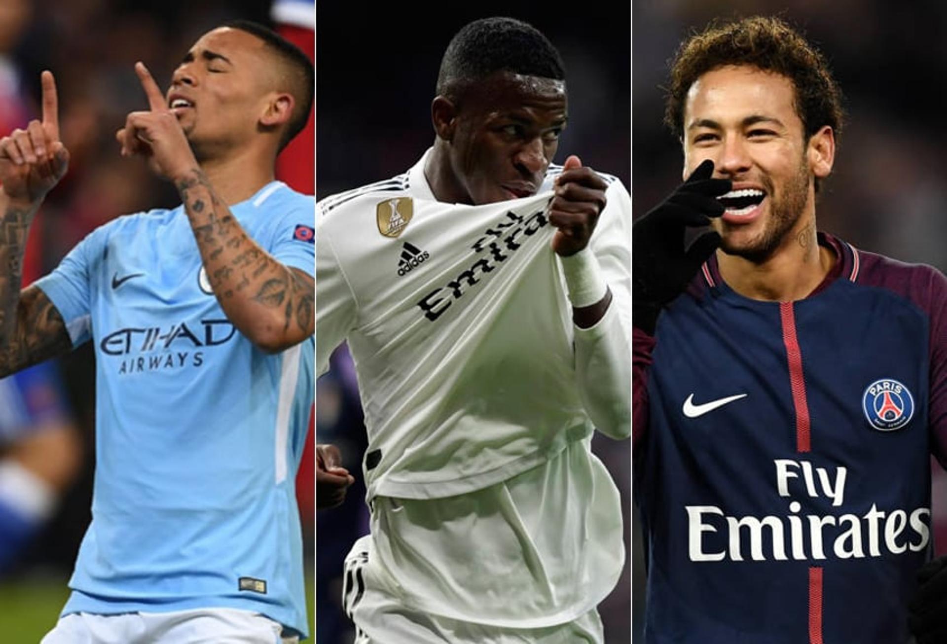 Montagem - Gabriel Jesus (Manchester City), Vinícius Júnior (Real Madrid) e Neymar (PSG)