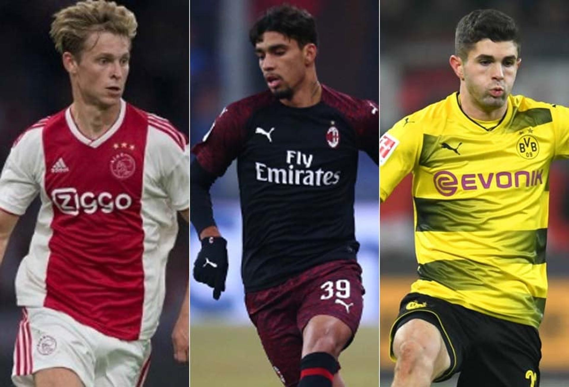 MONTAGEM -  Frenkie De Jong, Paquetá (Milan) e Pulisic (Borussia Dortmund)