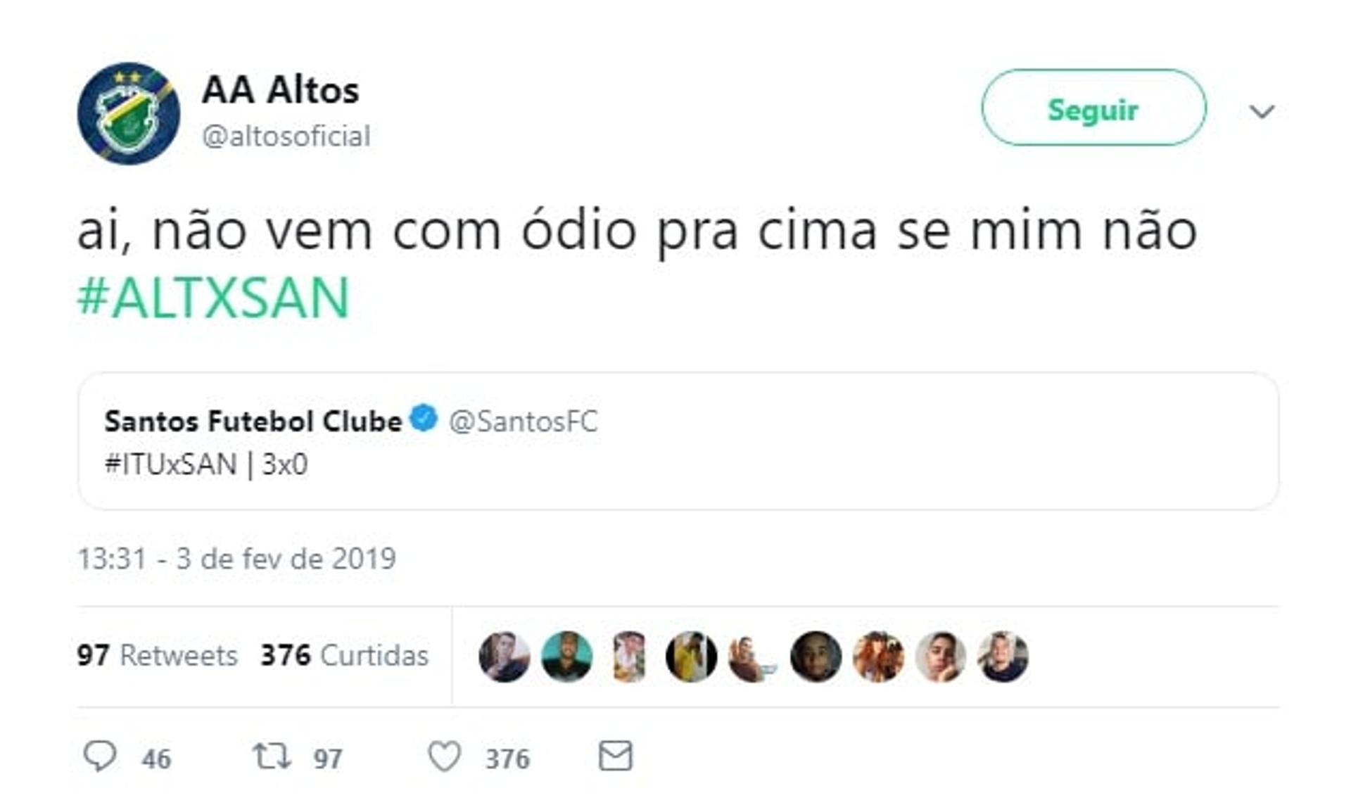 Conta no Twitter do Altos-PI brinca com goleada sofrida pelo Santos