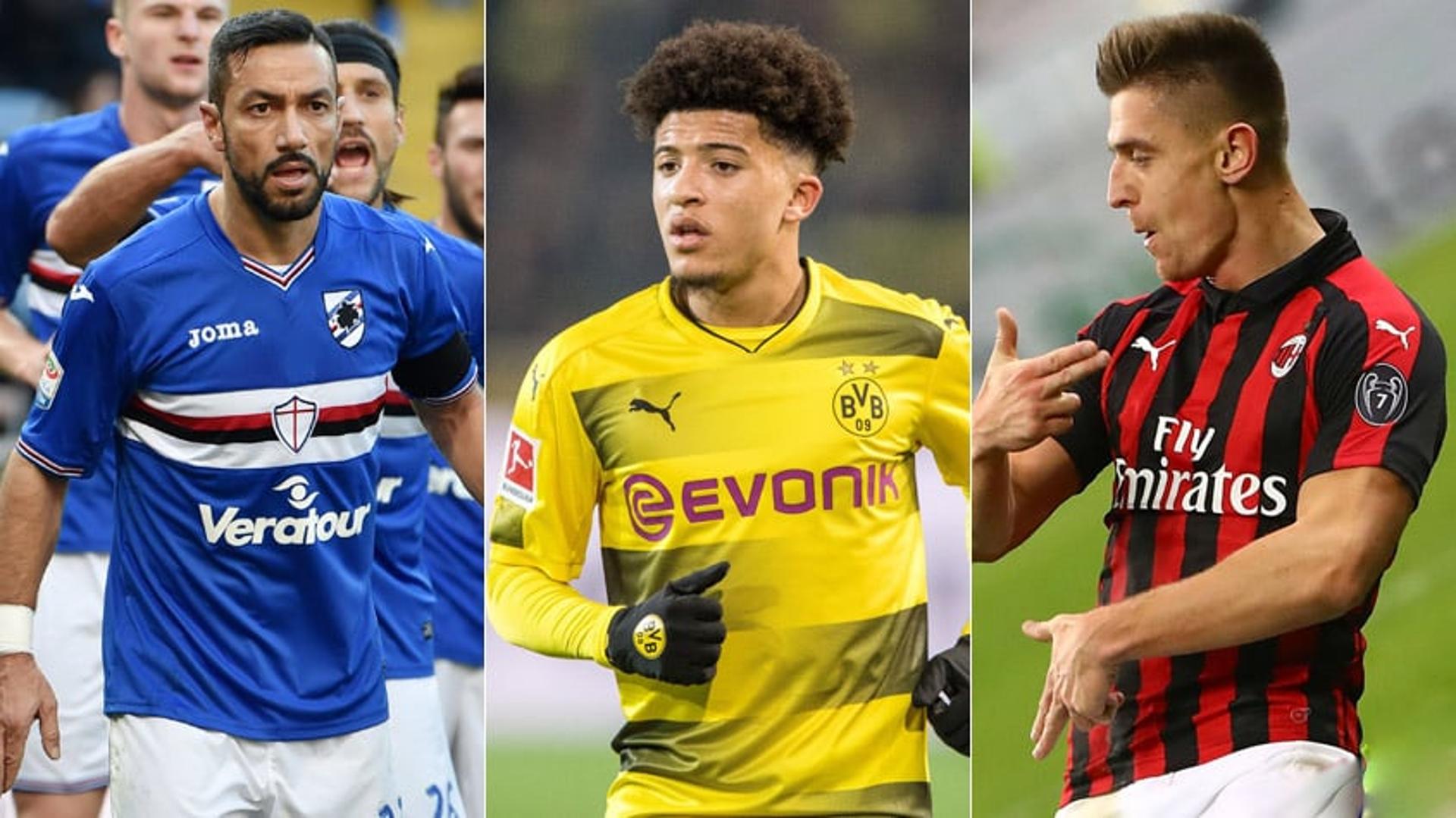 Montagem com Fabio Quagliarella (Sampdoria), Jadon Sancho (Borussia Dortmund) e Piatek (Milan)