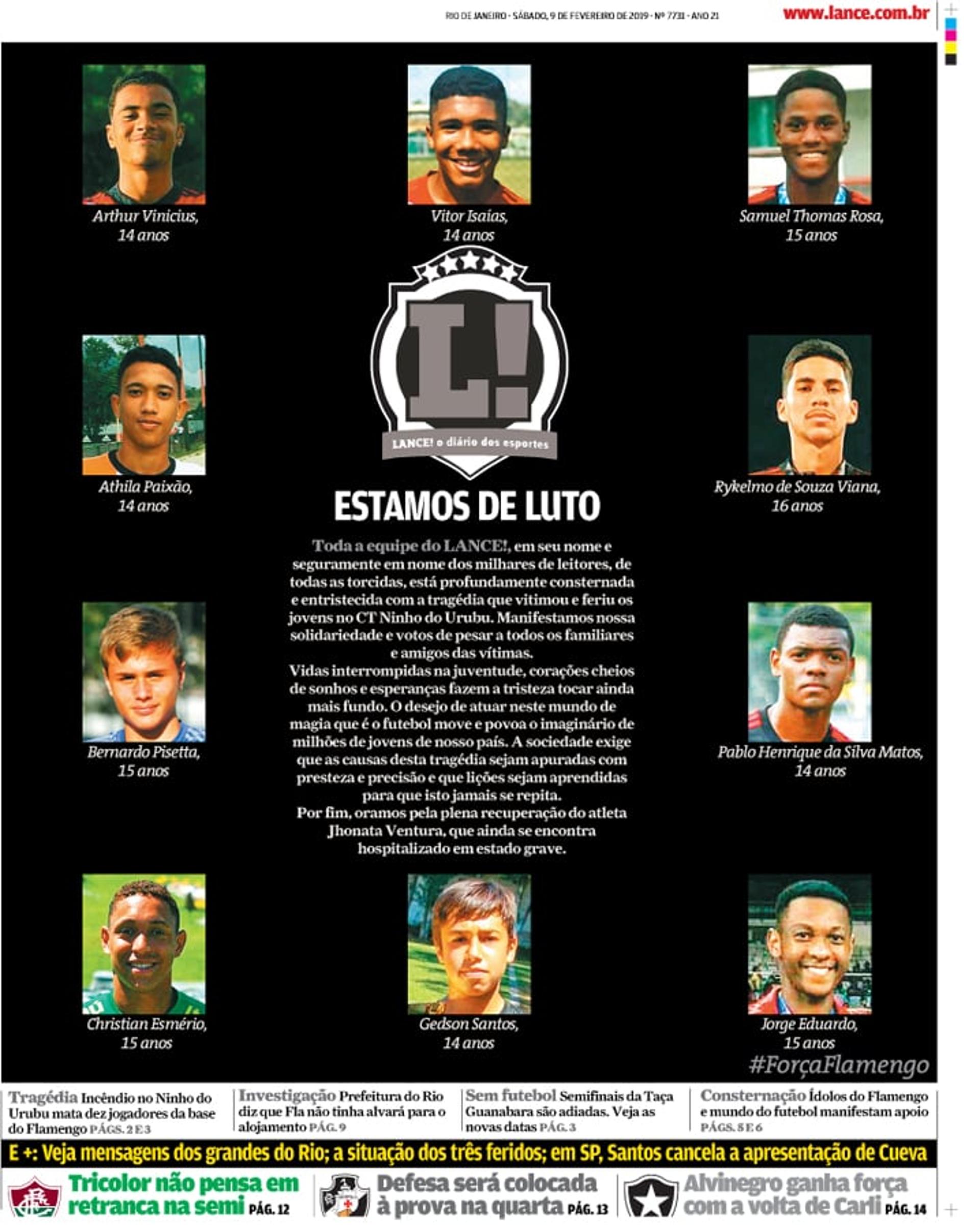 Capa do LANCE! de luto pelo Flamengo