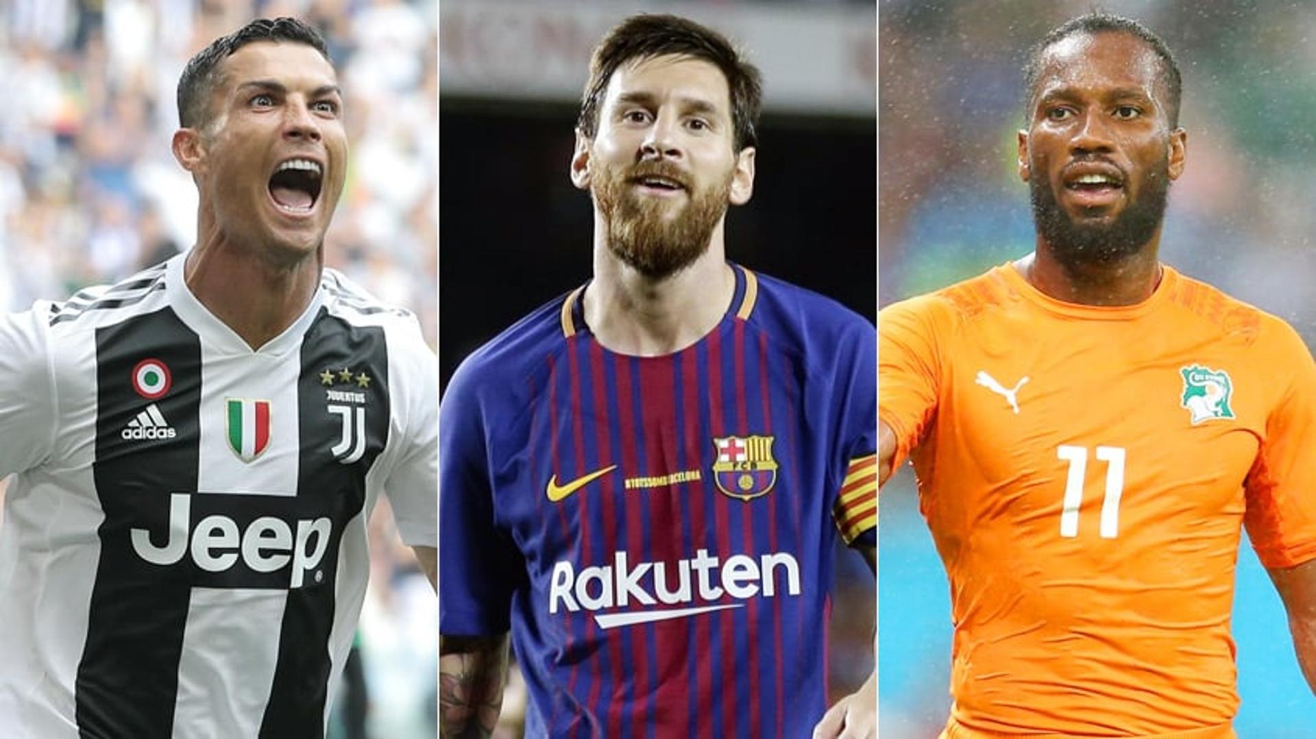 Montagem com Cristiano Ronaldo, Messi e Drogba