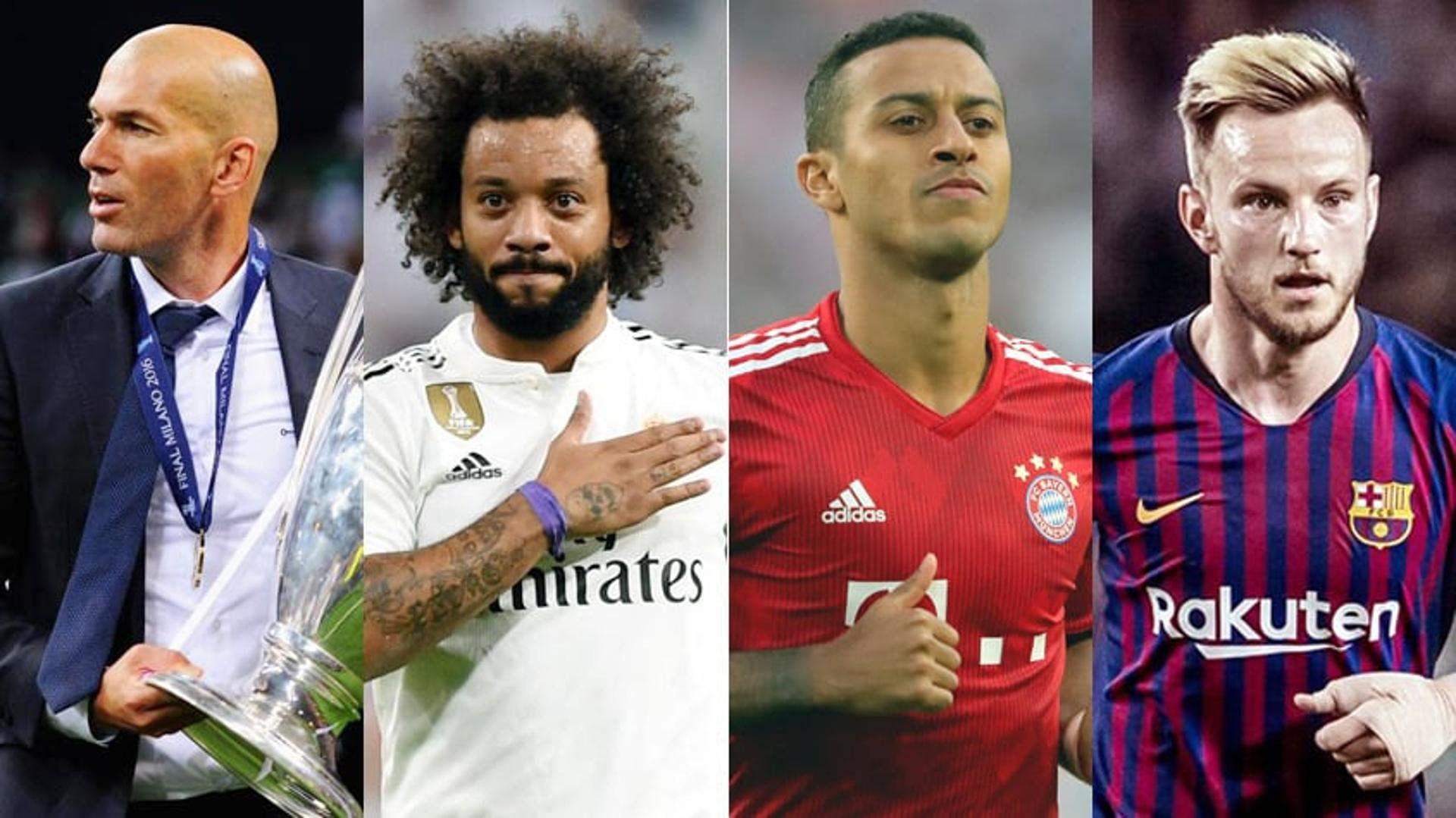 Montagem Zidane, Marcelo (Real Madrid), Thiago (Bayern de Munique) e Rakitic (Barcelona)