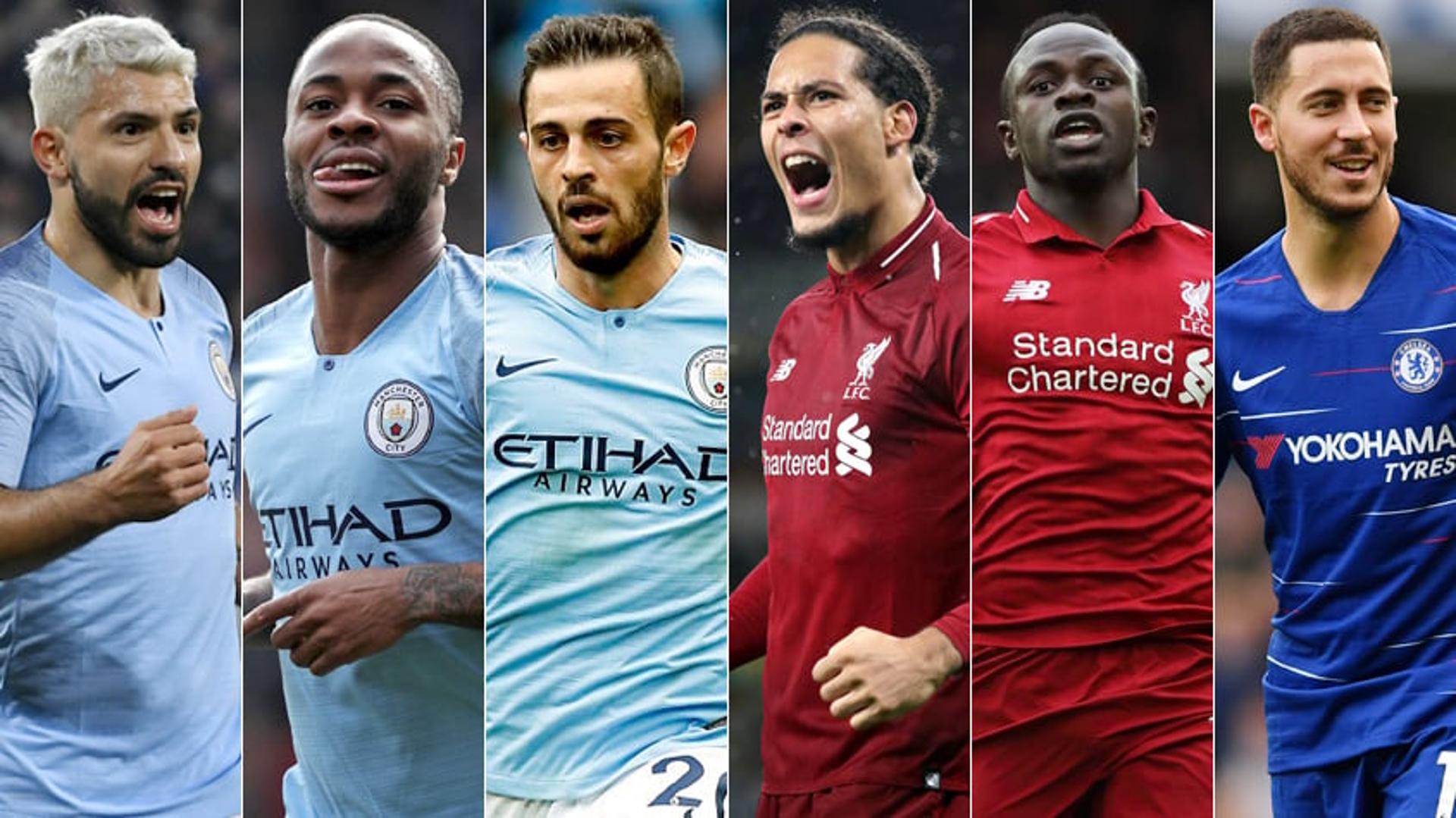 Montagem com Agüero, Sterling e Bernardo Silva, do Manchester City, Van Dijk e Mané, do Liverpool e Hazard, do Chelsea