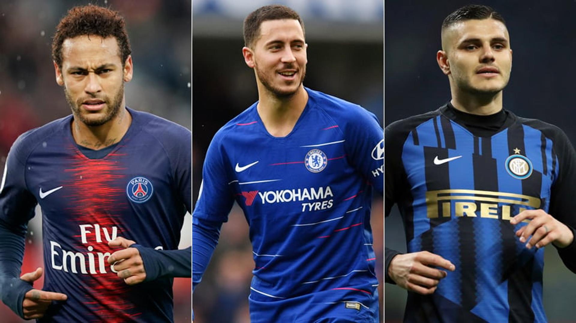 Montagem com Neymar (PSG), Hazard (Chelsea) e Icardi (Internazionale)