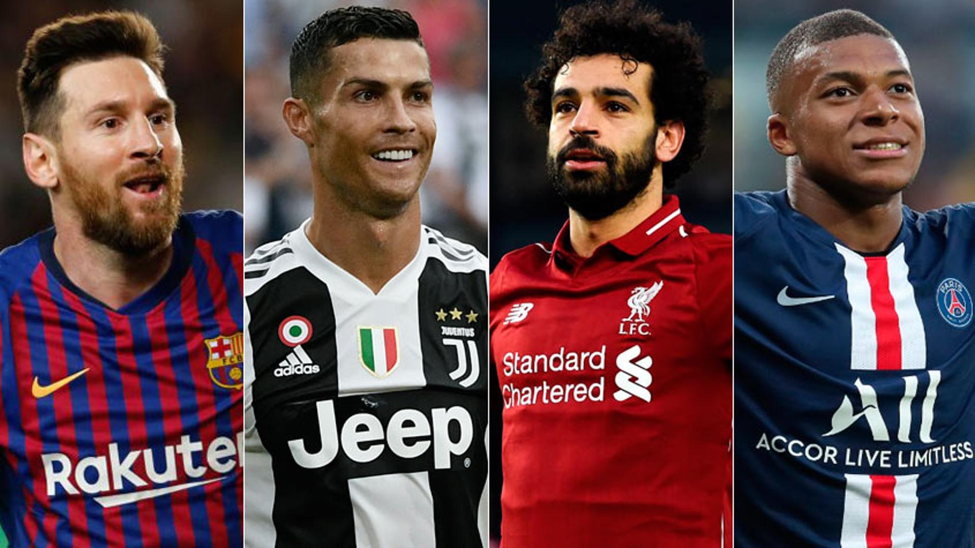 Montagem - Messi, Cristiano Ronaldo, Salah e Mbappe