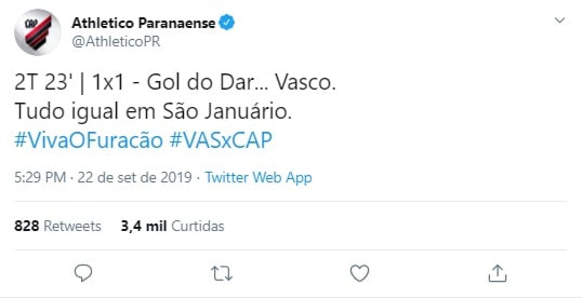 Rede social do Athletico-PR ironizou gol do Vasco