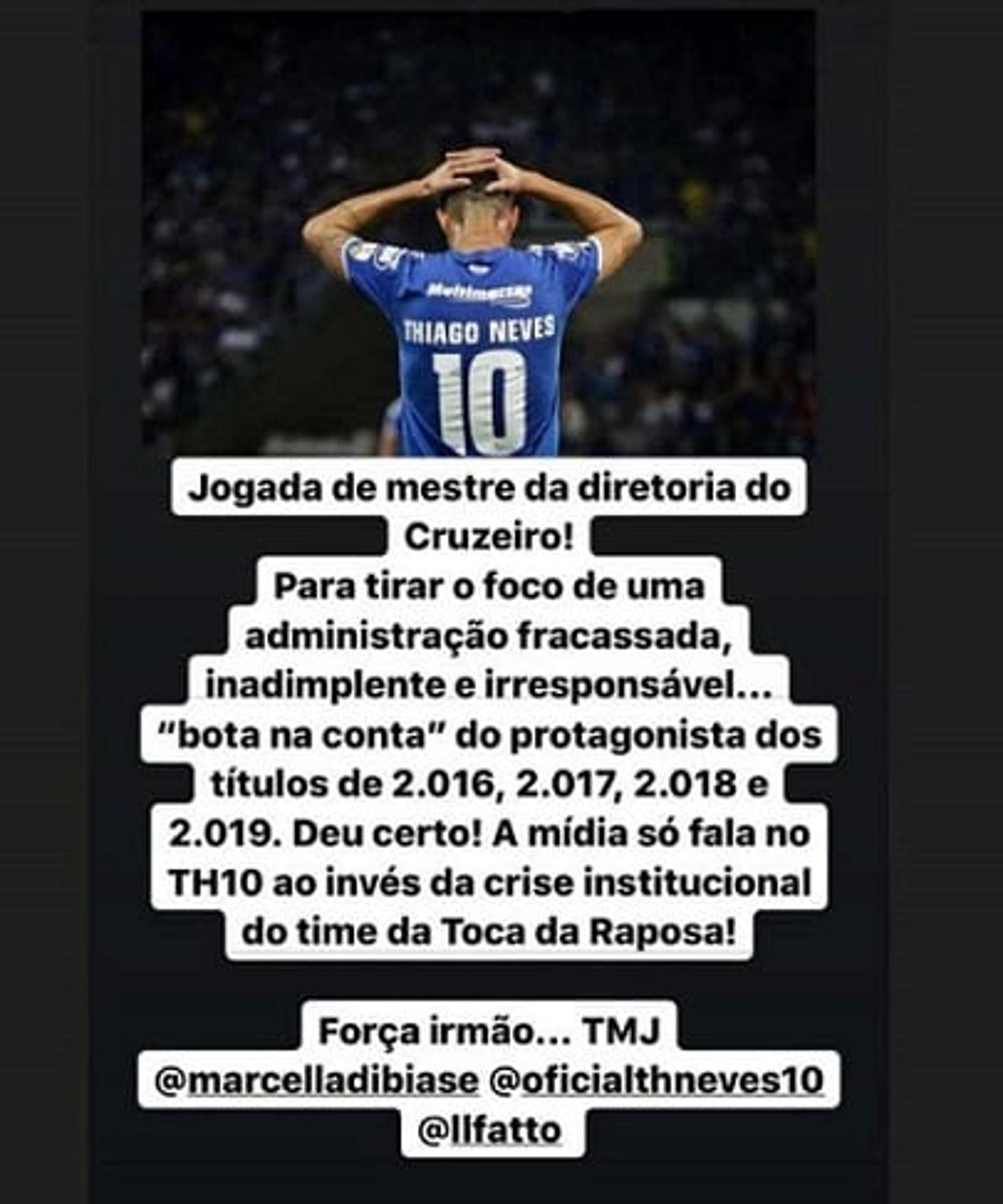 O emrpesário de Thiago acusou a diretoria de usar o jogador para desviar a atenção dos problemas do clube