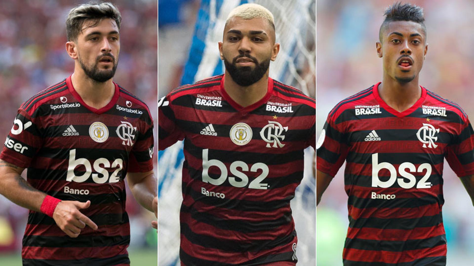 Montagem - Arrascaeta, Gabigol e Bruno Henrique