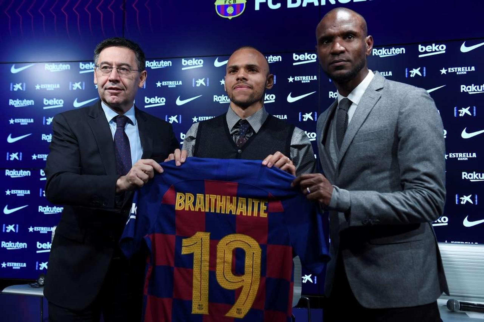 Apresentação Martin Braithwaite, ao lado de Bartomeu e Abidal