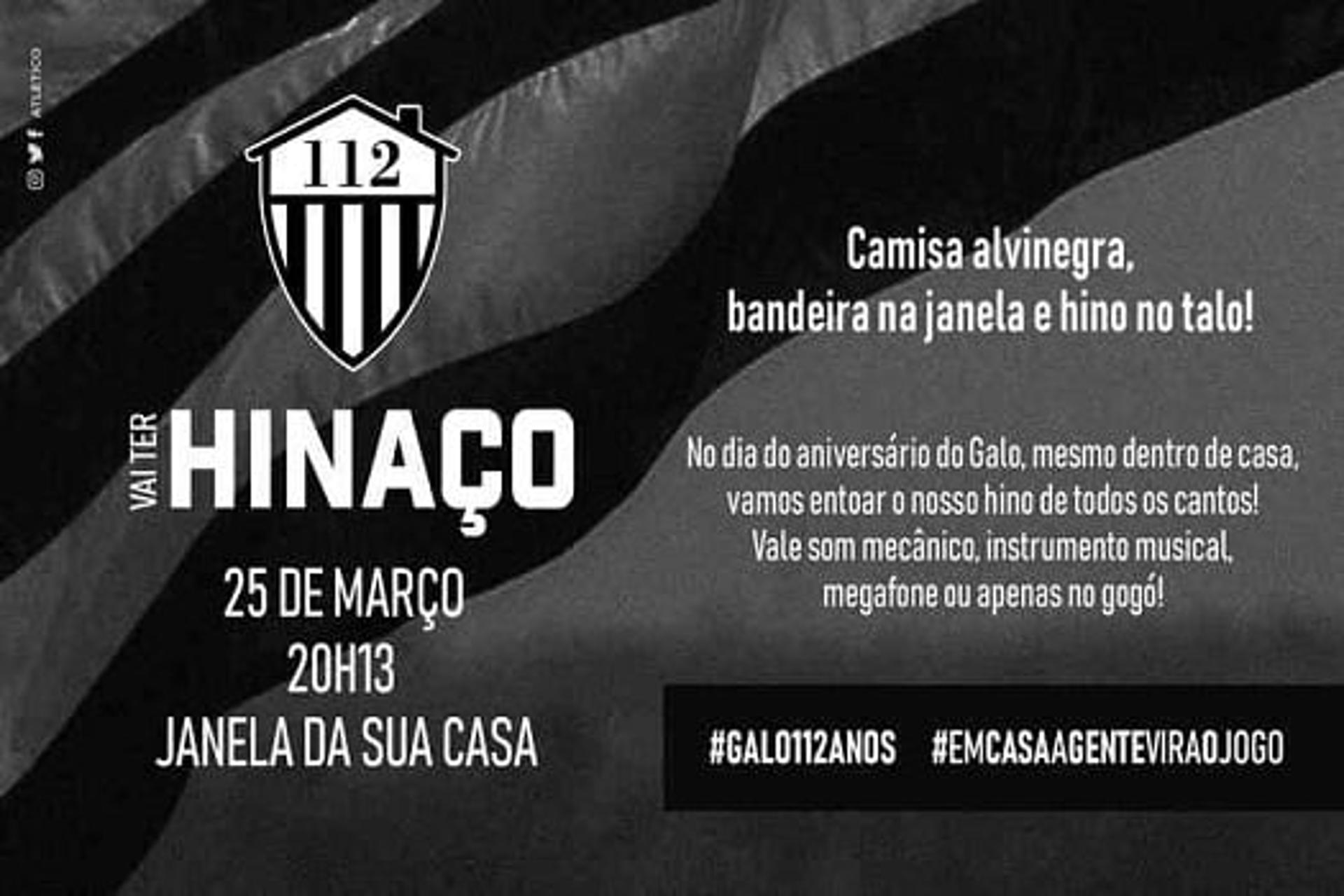 O atleticano poderá fazer um coro e cantar o hino alvinegro às 20h13 desta quarta-feira, 25 de março, aniversário do Clube Atlético-MG