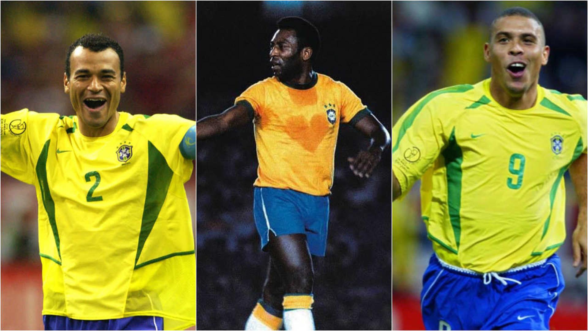 Montagem - Brasileiros Bola de Ouro Dream Team - Cafu, Pelé e Ronaldo