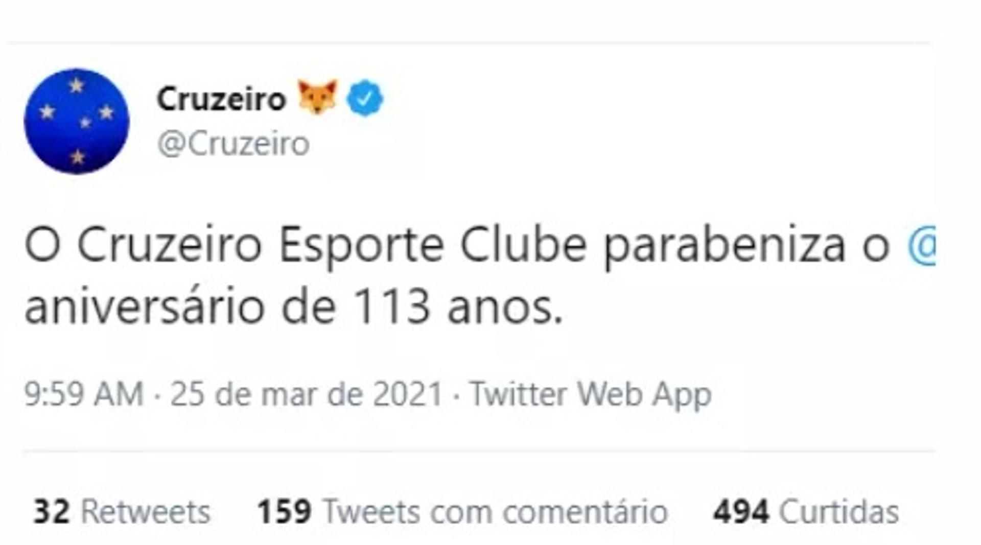 O  Cruzeiro devolveu a gentileza do rival, que o parabenizou no dia 2 de janeiro, data do aniversário da Raposa