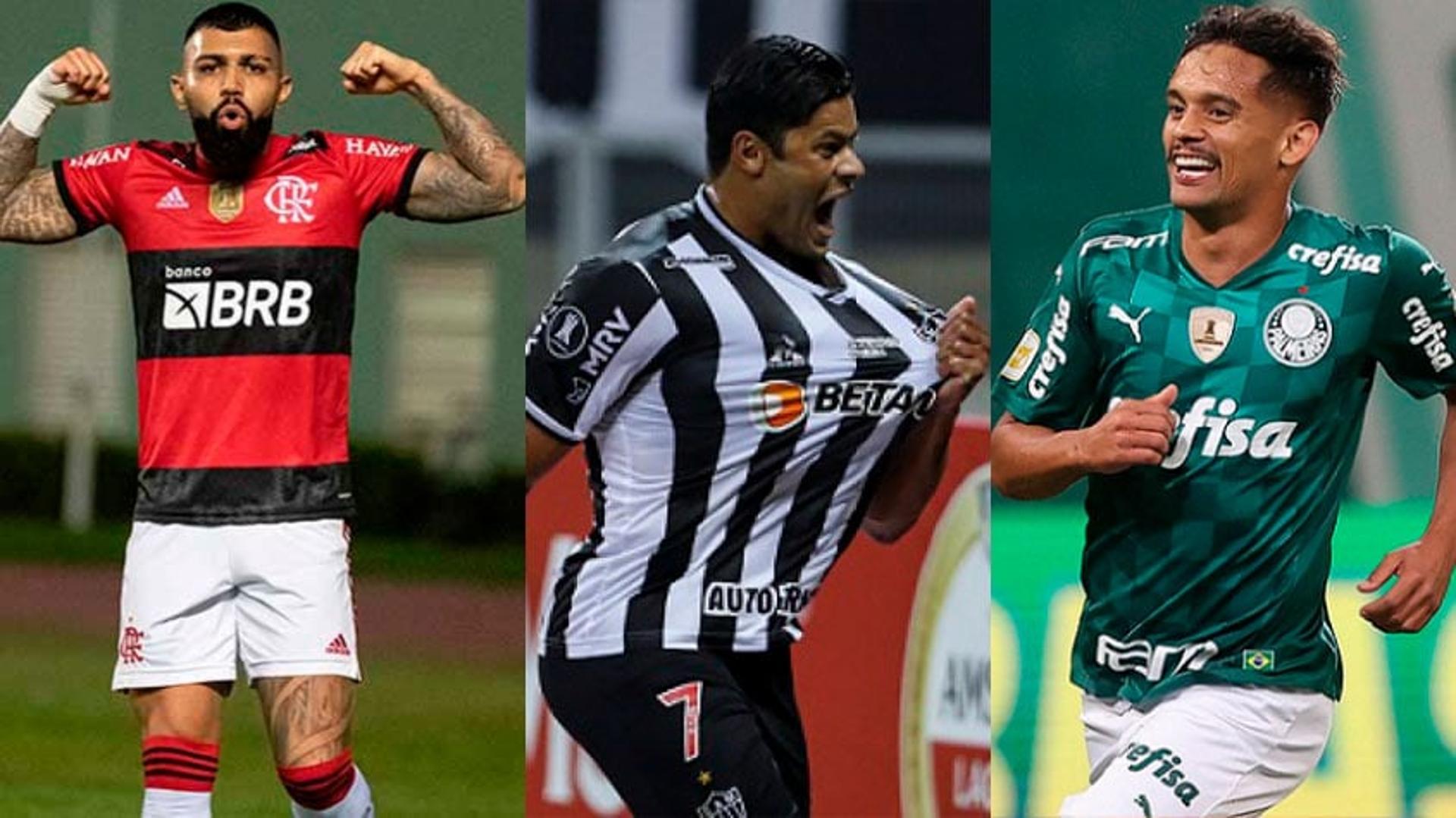 Gabigol, do Flamengo, Hulk, do Atlético-MG, e Gustavo Scarpa, do Palmeiras