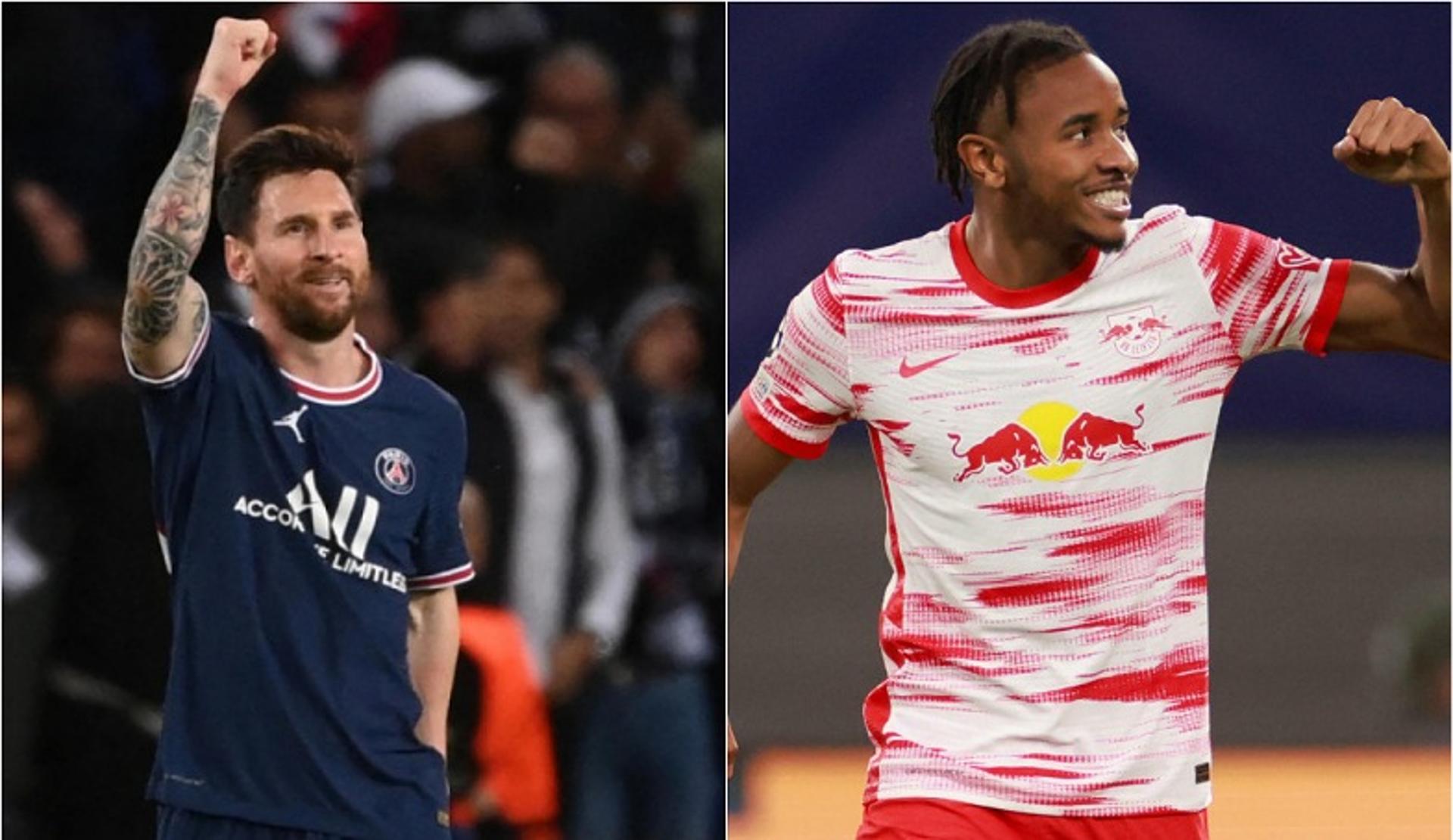 Montagem - Lionel Messi (PSG) e Christopher Nkunku (RB Leipzig)