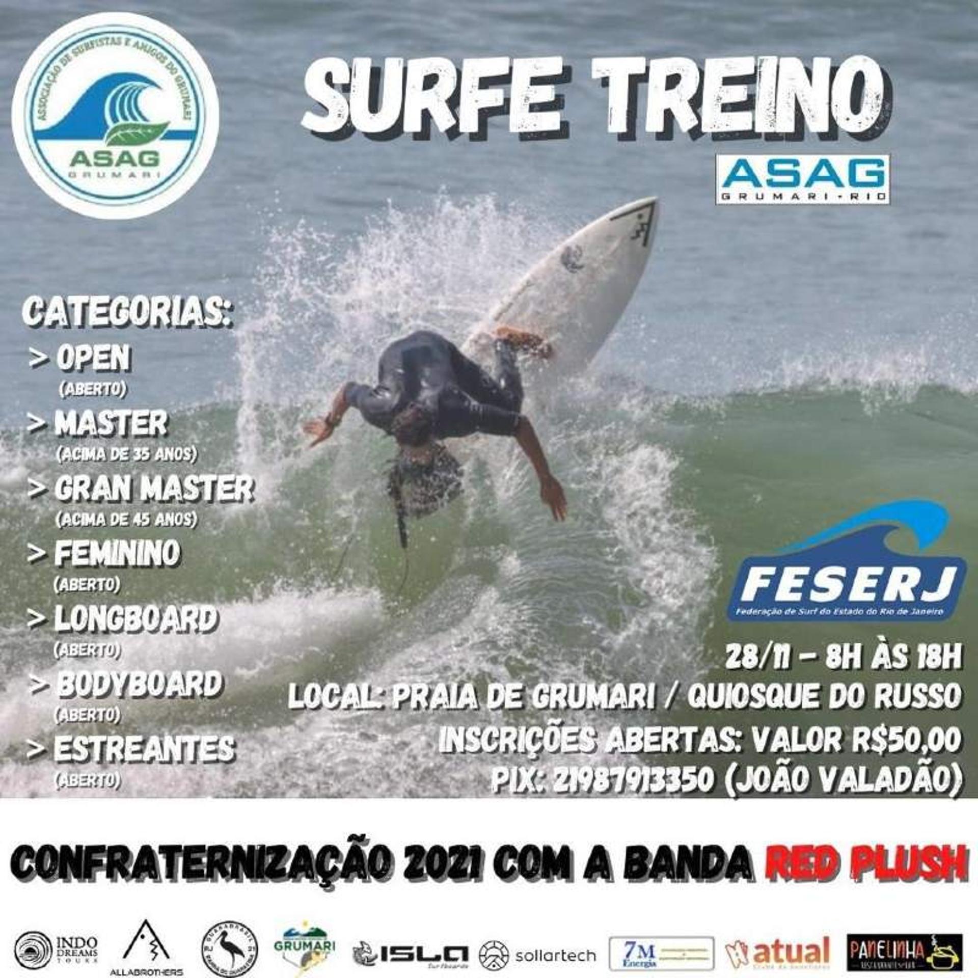 A ASAG, em parceria com a Follow Sports Brasil, apoiado pela Federação de Surf do Estado do Rio de Janeiro (FSERJ) e pela rede de farmácias Cumani, promove o evento Surf Treino ASAG na praia de Grumari