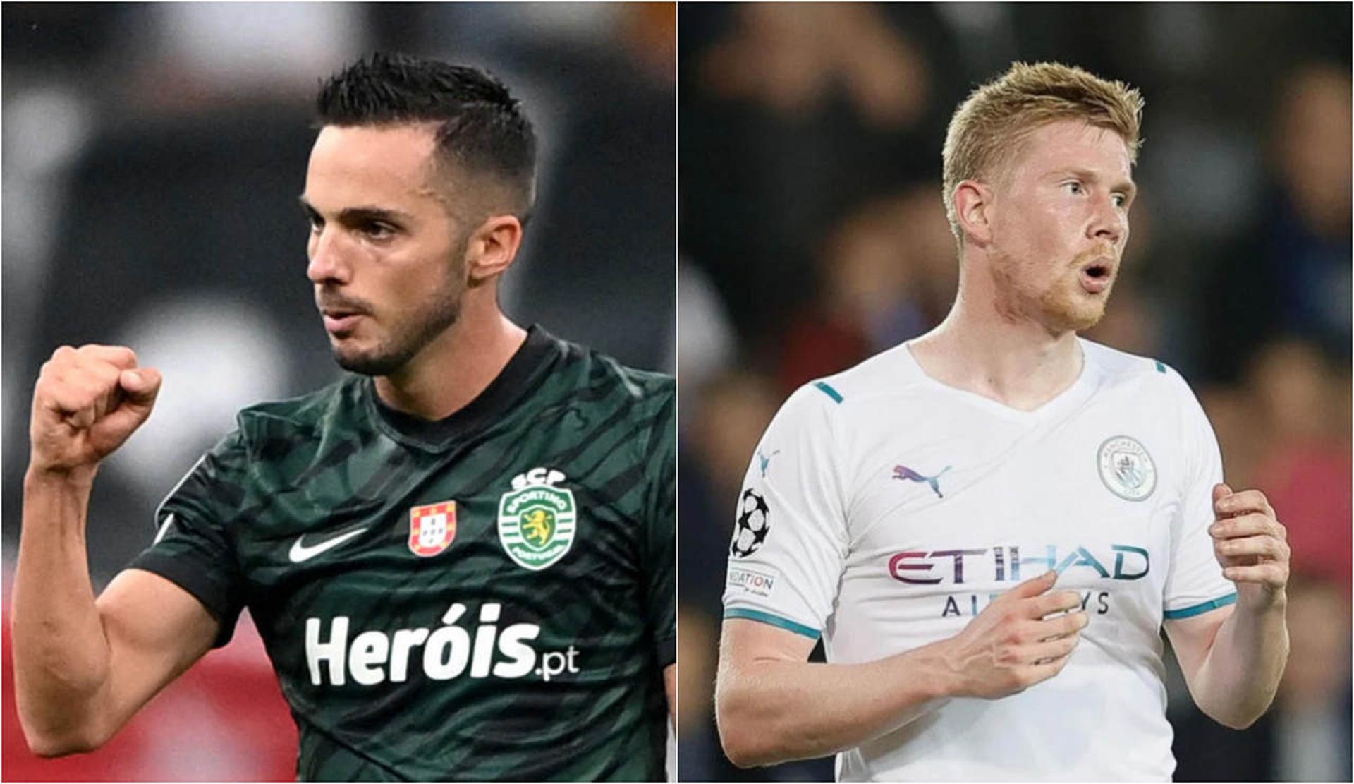 Montagem: Pablo Sarabia (Sporting) e Kevin De Bruyne (Manchester City)