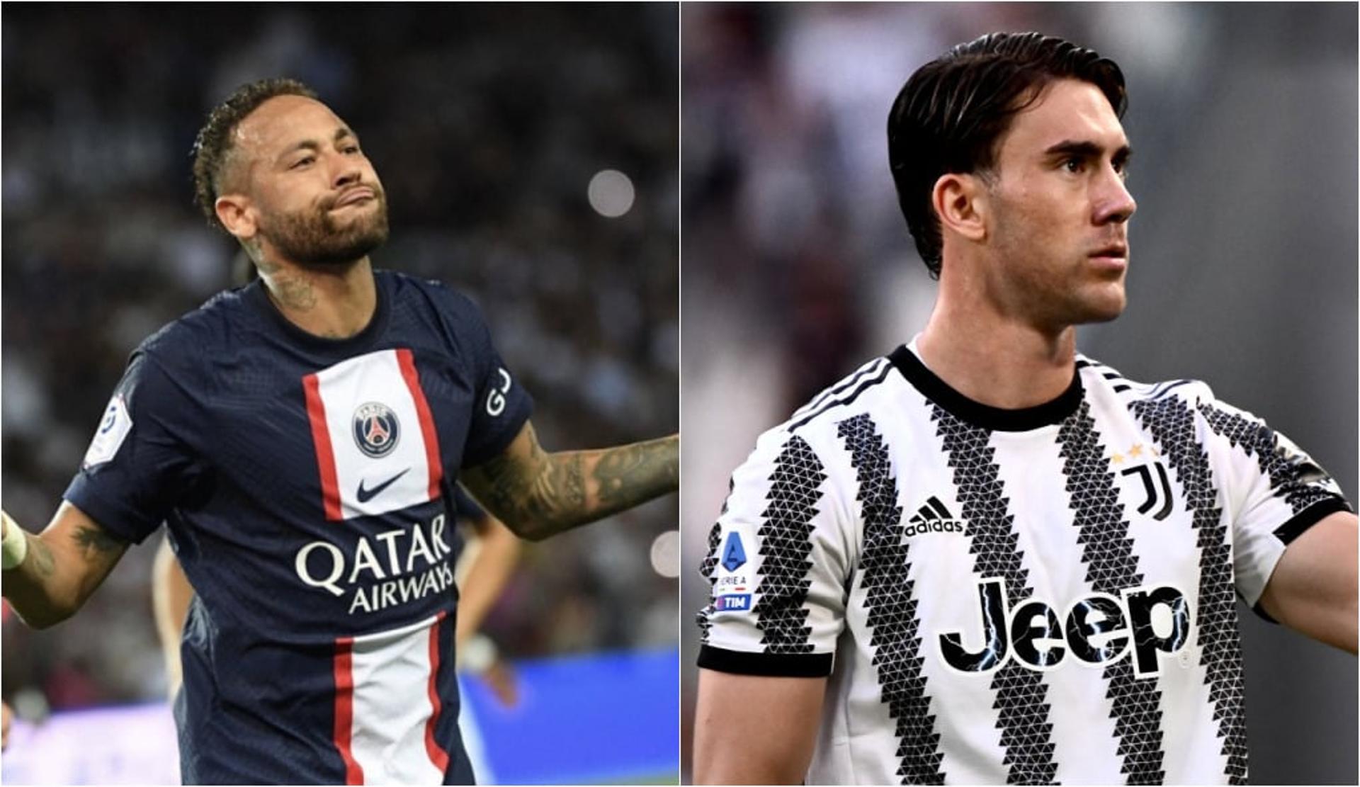 Montagem - Neymar (PSG) e Dusan Vlahovic (Juventus)