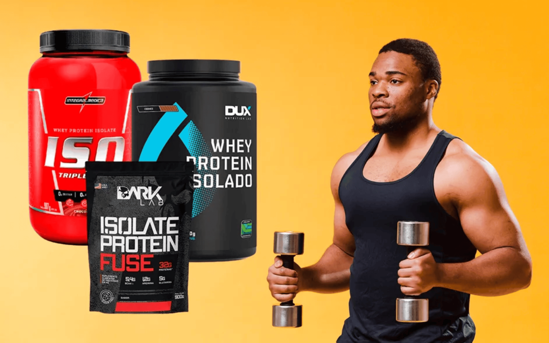 homem negro com dois halteres de academia na mão, ao lado de embalagens de whey protein isolado de marcas como DUX, Dark Lab e Integralmedica