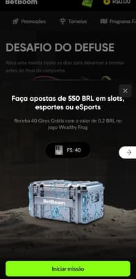 Captura de tela das missões da BetBoom com rodadas grátis em esportes, cassino ou e-sports.