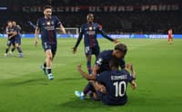 Jogadores do PSG comemoram gol marcado por Dembélé contra o Bayern de Munique na semifinal da Champions League