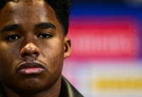 Endrick em coletiva de imprensa como jogador do Lyon, da França