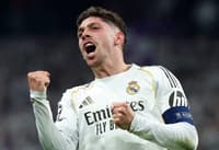 Valverde comemorando gol marcado no duel entre Real Madrid e Manchester City