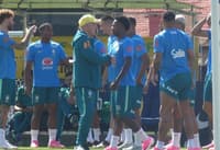 Ancelotti, Viniícius Jr e os demais jogadores da Seleção em campo na Granja Comary
