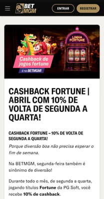 Captura de tela da BetMGM com a oferta de cashback de 10% nos jogos da Fortune.