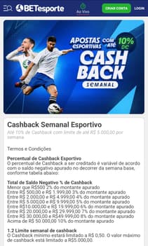 Captura de tela da promoção de cashback no Brasileirão na BETesporte.
