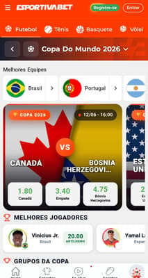 Captura de tela da Esportiva Bet com os jogos disponíveis para apostar na fase de grupos na Copa do Mundo.