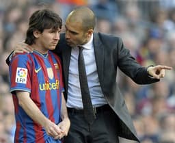 Guardiola com o seu principal jogador no Barcleona, Lionel Messi
