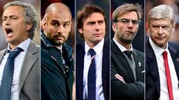 Quinteto é atração no Inglês: Mourinho, Guardiola, Antonio Conte, Jürgen Klop e Arsène Wenger (da esquerda para a direita)&nbsp;