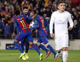 Piqué, Neymar e Messi - Barcelona x PSG