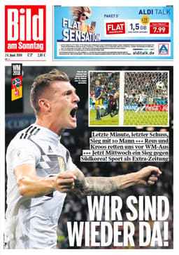 A capa do Bild deste domingo desmonta qualquer mito sobre a frieza do alemão. O jornal alemão destaca a comemoração de Toni Kroos após um lindo gol de falta, com a manchete que diz "estamos de volta!"