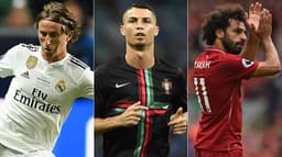 Montagem Modric (Real Madrid), Cristiano Ronaldo (com a camisa de Portugal) e Salah (Liverpool)