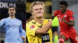 Montagem - Ferrán Torres (Manchester City), Haaland (Borussia Dortmund) e Davies (Bayern de Munique)