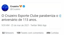 O  Cruzeiro devolveu a gentileza do rival, que o parabenizou no dia 2 de janeiro, data do aniversário da Raposa