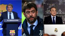 Joan Laporta, Andrea Agnelli e Florentino Pérez, presidentes de Barcelona, Juventus e Real Madrid, respectivamente, clubes que ainda desejam a fundação da Superliga Europeia