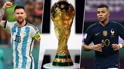 Messi (com a camisa da Argentina) , o troféu da Copa e Mbappe (com a camisa da França)